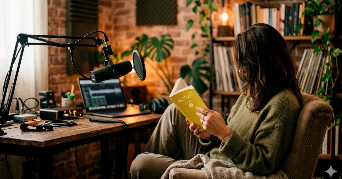 Person sitting in a cozy room reading a book titled 'Historias Silenciosas' near a podcast microphone and laptop on a wooden desk.
