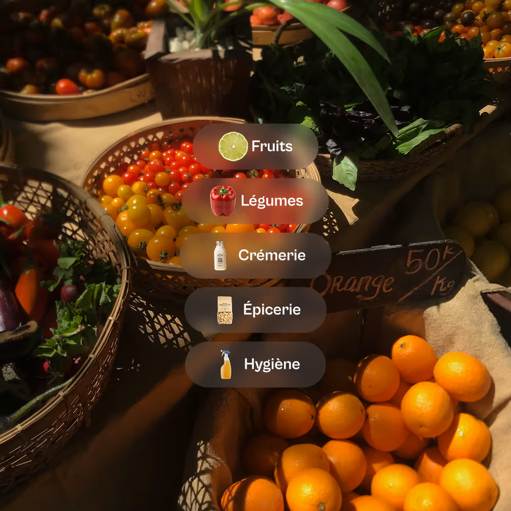 Market baskets filled with various fruits and vegetables under sunlight, with a menu overlay showing categories: Fruits, Légumes, Crèmerie, Épicerie, and Hygiène.