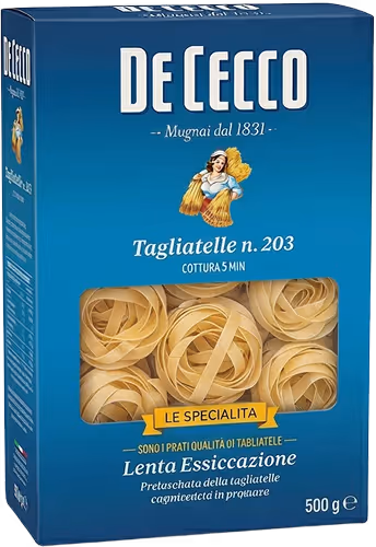 Box of De Cecco Tagliatelle n. 203 pasta with a blue background and a window showing rolled pasta nests.
