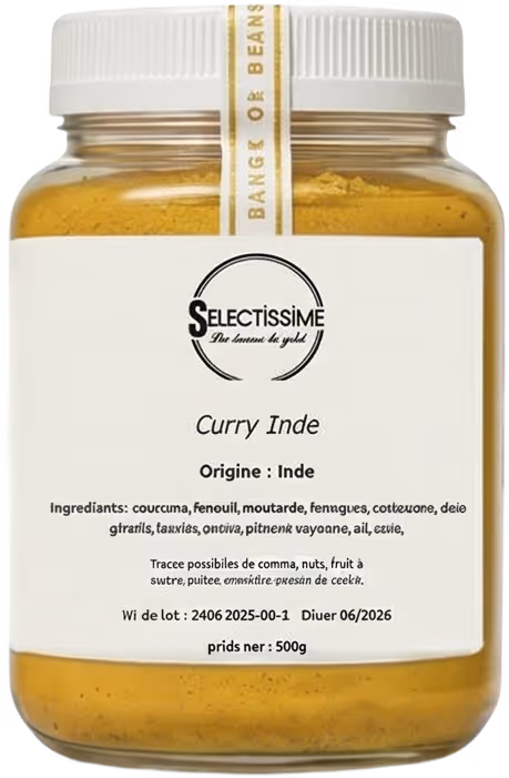 Jar of Selectissime Curry Inde spice blend with white label and ingredients listed in French.