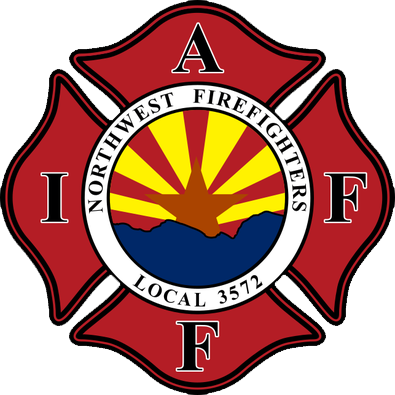 Northwest Firefighters Local 3572 emblem with stylized red Maltese cross and central circle showing sun rays, mountain silhouette, and text.