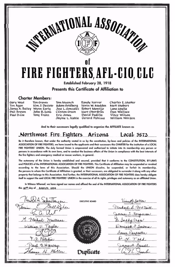 Certificate of affiliation from the International Association of Fire Fighters AFL-CIO, CLC, issued to Northwest Fire Fighters Arizona Local 3572, dated March 16, 1994, with charter members' names and signatures of the executive board.