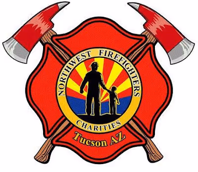 Northwest Firefighters Charities emblem with two crossed fire axes and a central image of an adult and child holding hands against a sunburst background, labeled Tucson AZ.