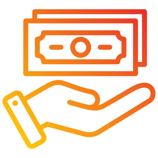 Outlined icon of an open hand holding two paper bills in gradient orange to red color.