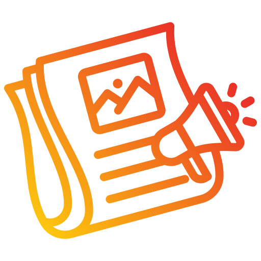 Icon of a folded newspaper with a photo and a megaphone symbolizing news announcement.