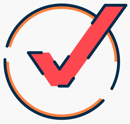 A orange checkmark with blue and orange cirlce