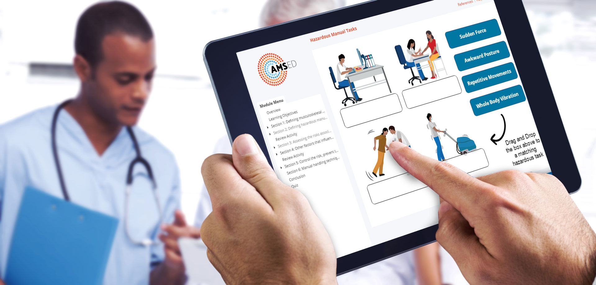 A nurse holding a tablet and clicking on it