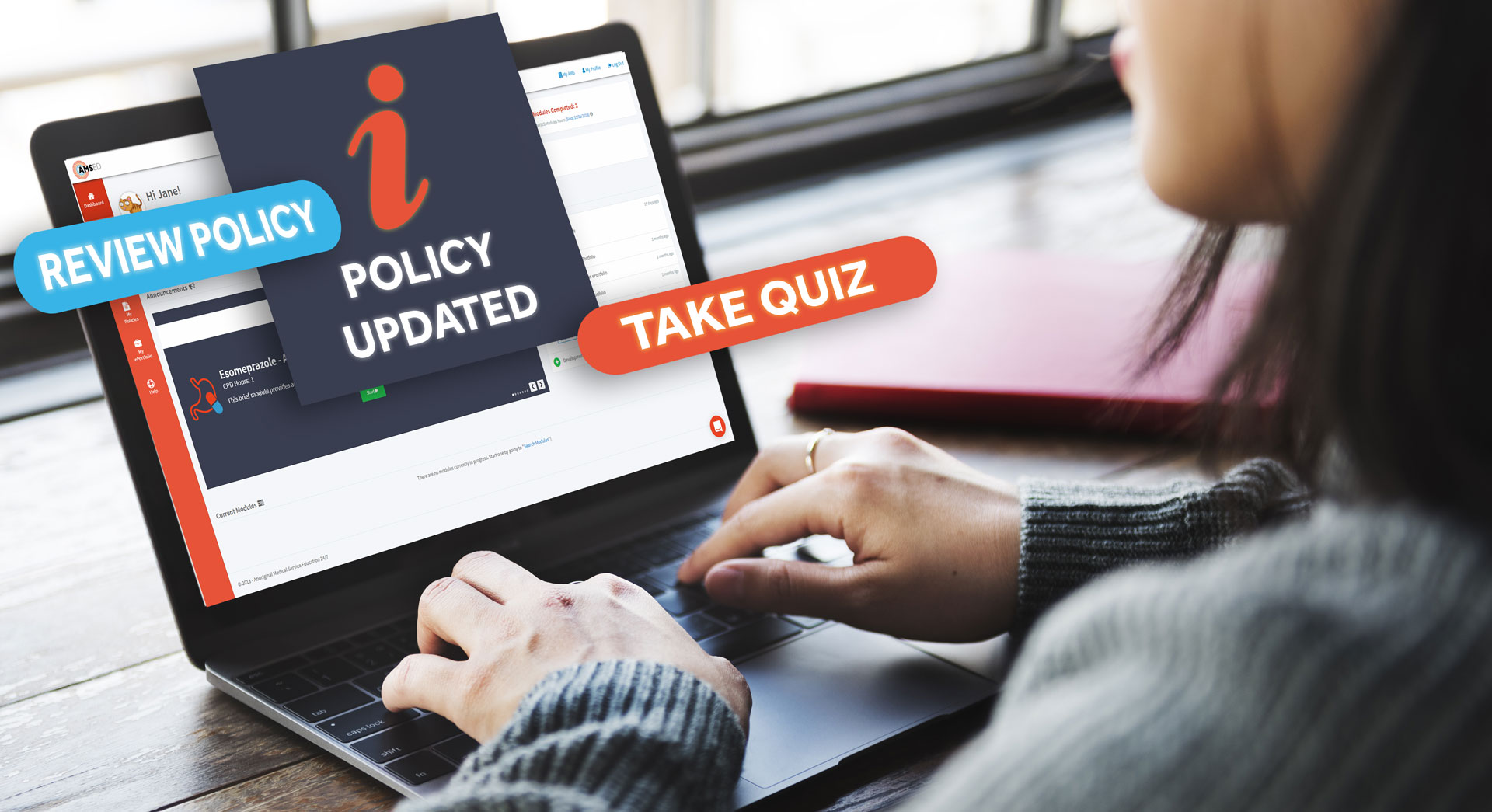 Woman typing on computer looking at review policy and take quiz