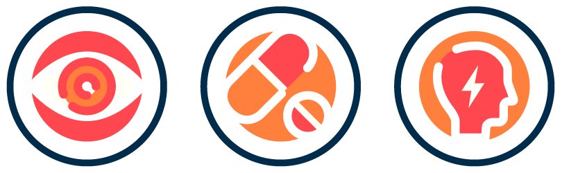 3 circle icons eye, pill and head