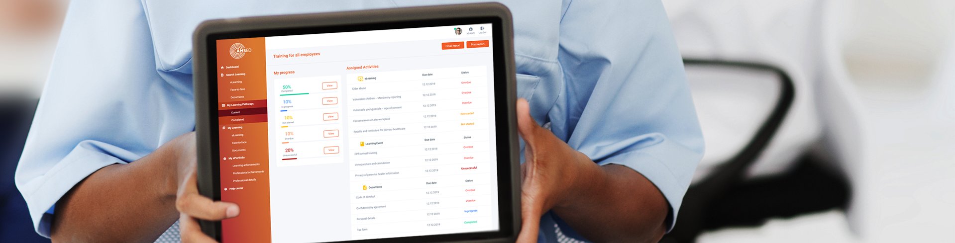 Person holding a tablet with training data