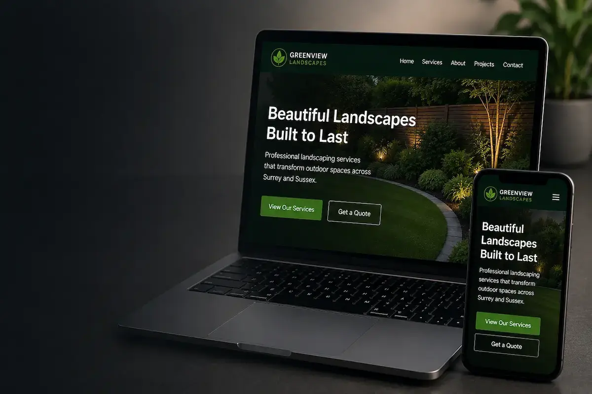 Laptop and phone showing Greenview Landscapes website with services and quote options on dark background.