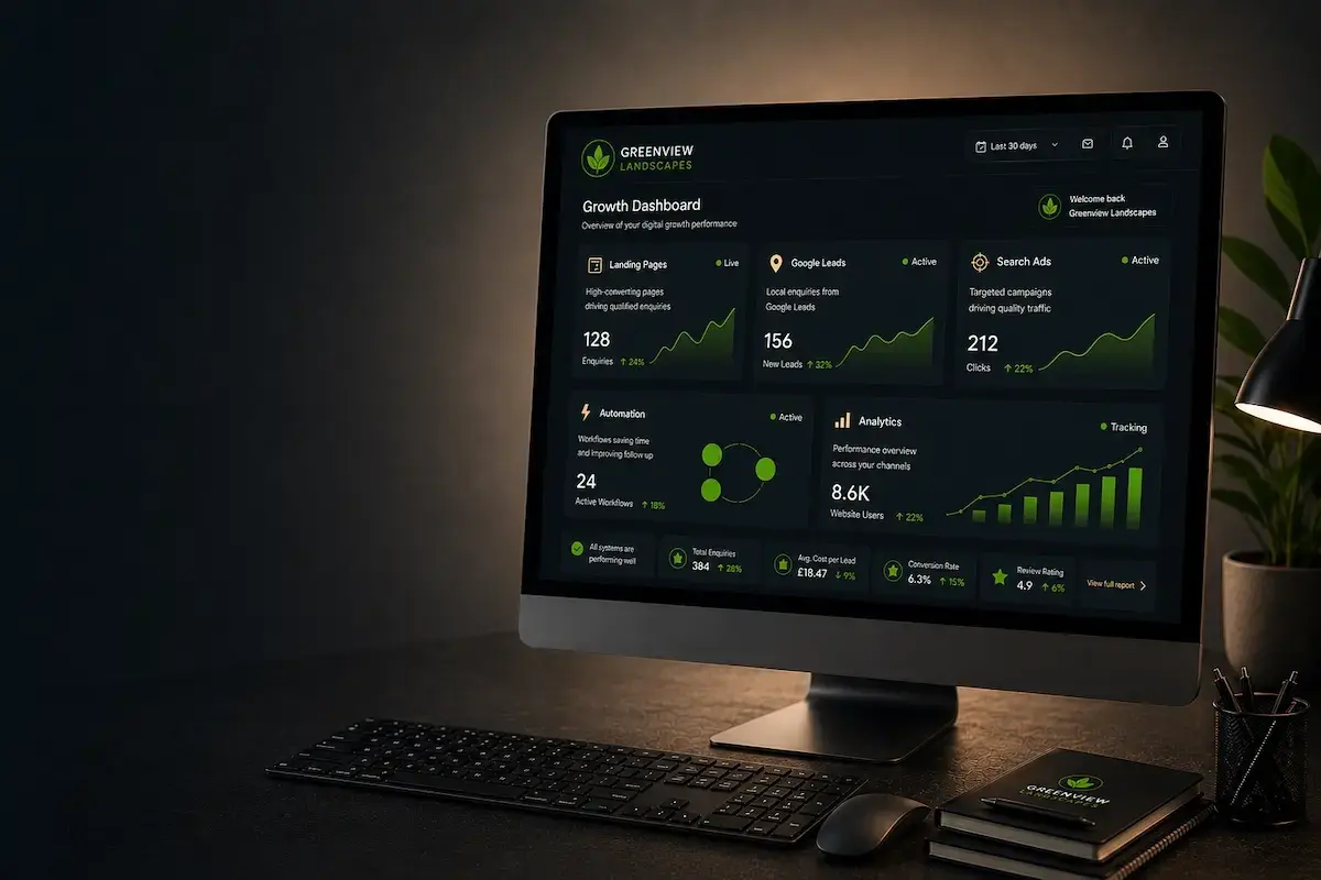 Computer screen showing Greenview Landscapes growth dashboard with graphs and metrics for marketing and analytics.