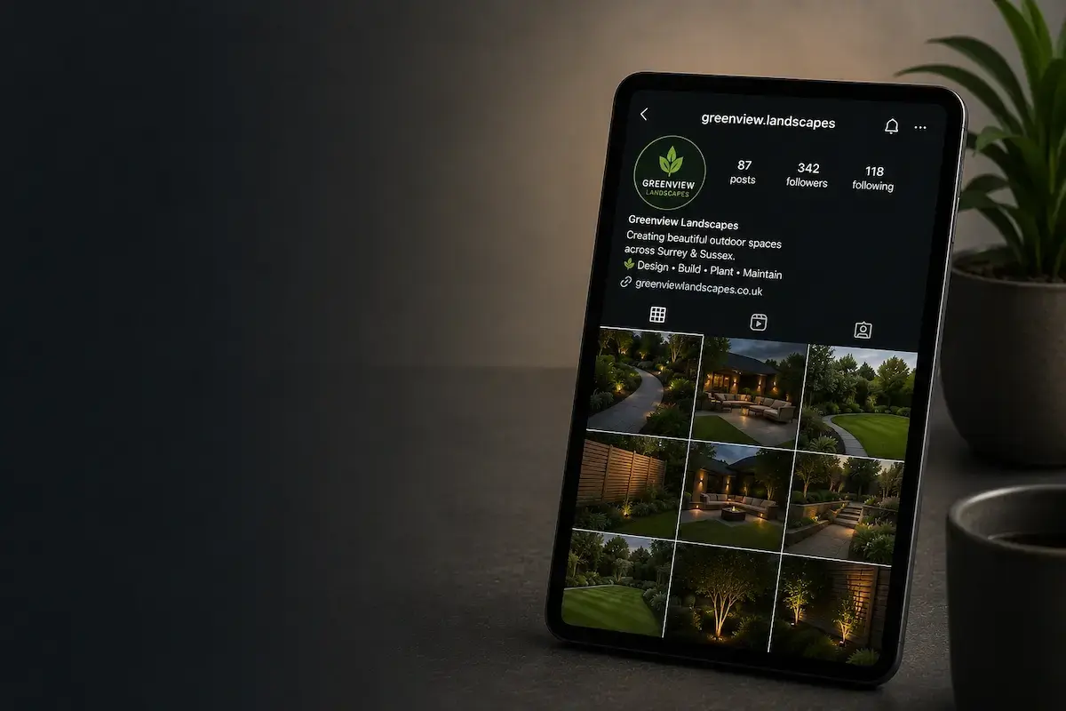 Tablet showing Greenview Landscapes Instagram profile with garden design photos and posts count.