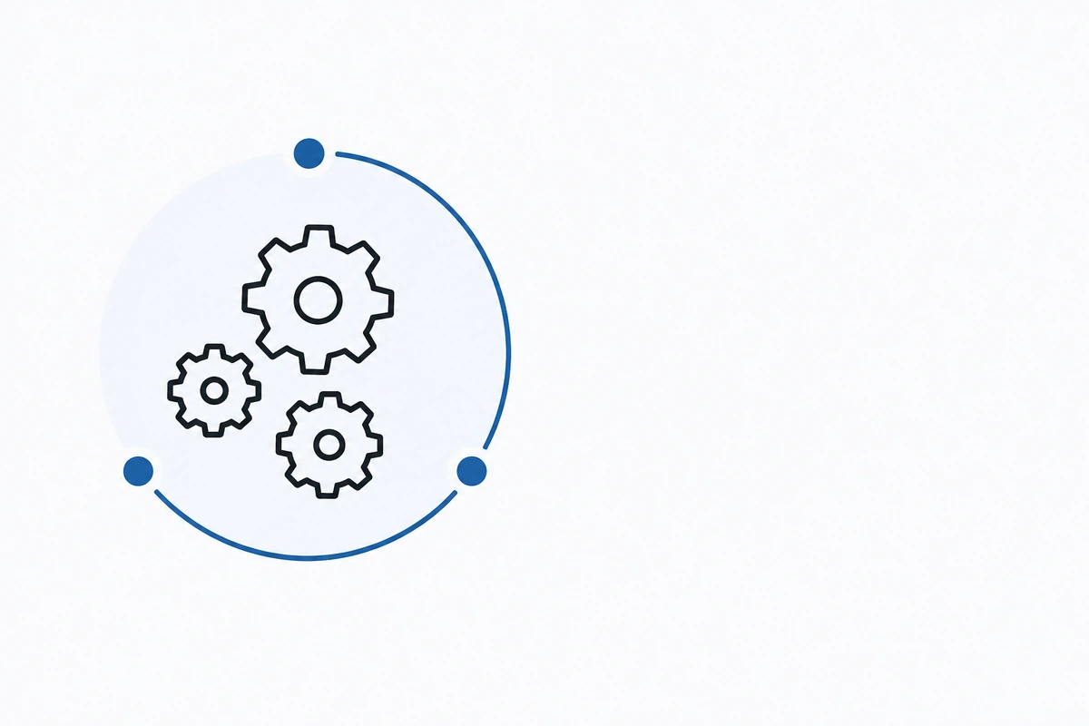 Three black gear icons inside a circle with three blue dots on a white background.