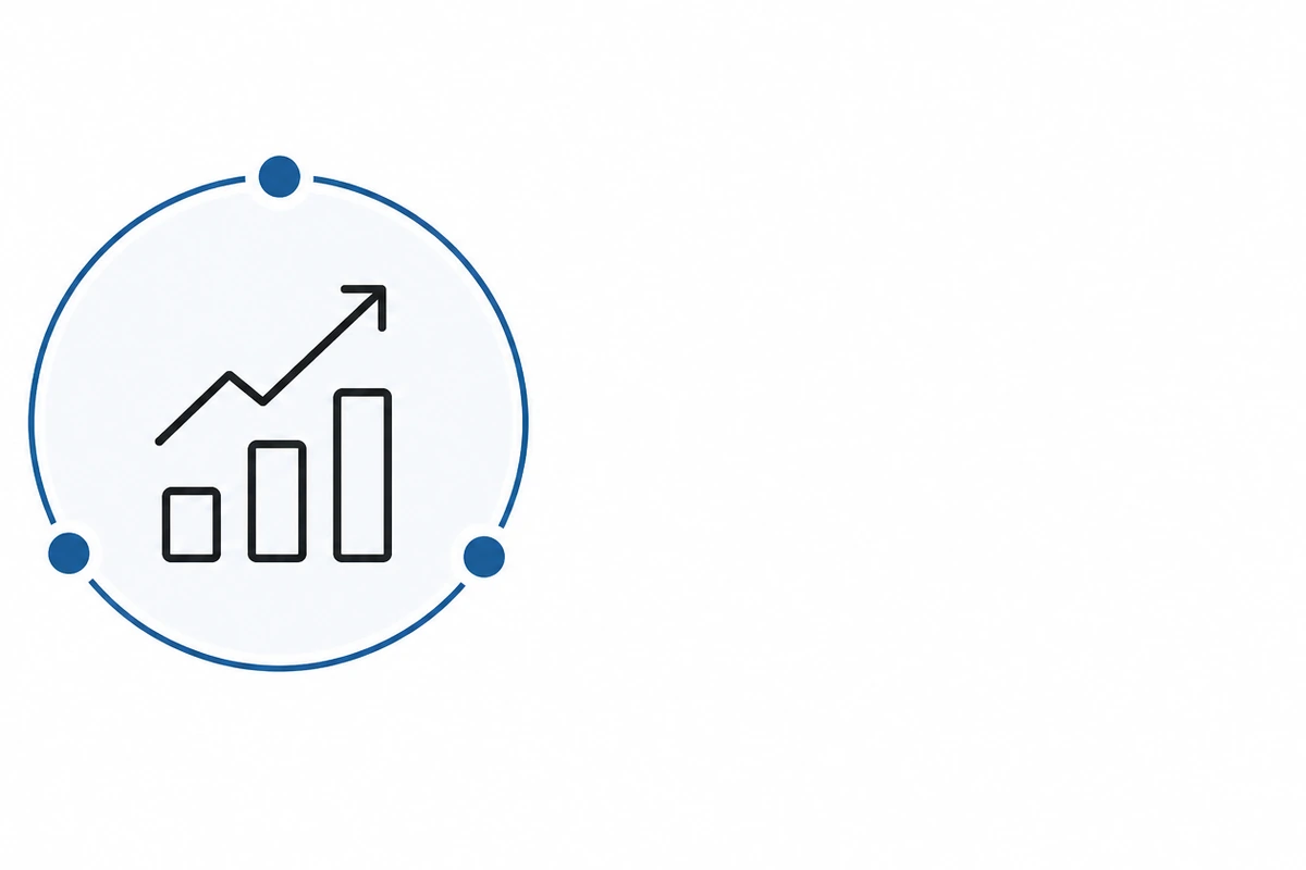 Bar chart with three ascending bars and an upward trending arrow in a blue circle.