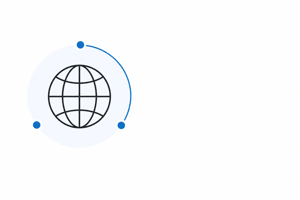 Globe icon with latitude and longitude lines surrounded by three blue dots connected by a curved line.