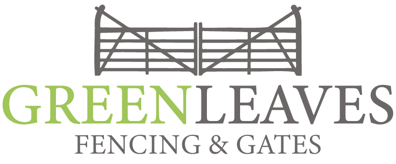 Logo with a stylized gate above the words Green Leaves Fencing & Gates in green and dark gray text.