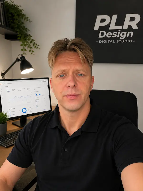 Man in black polo shirt sitting at desk with computer displaying analytics and PLR Design digital studio sign.