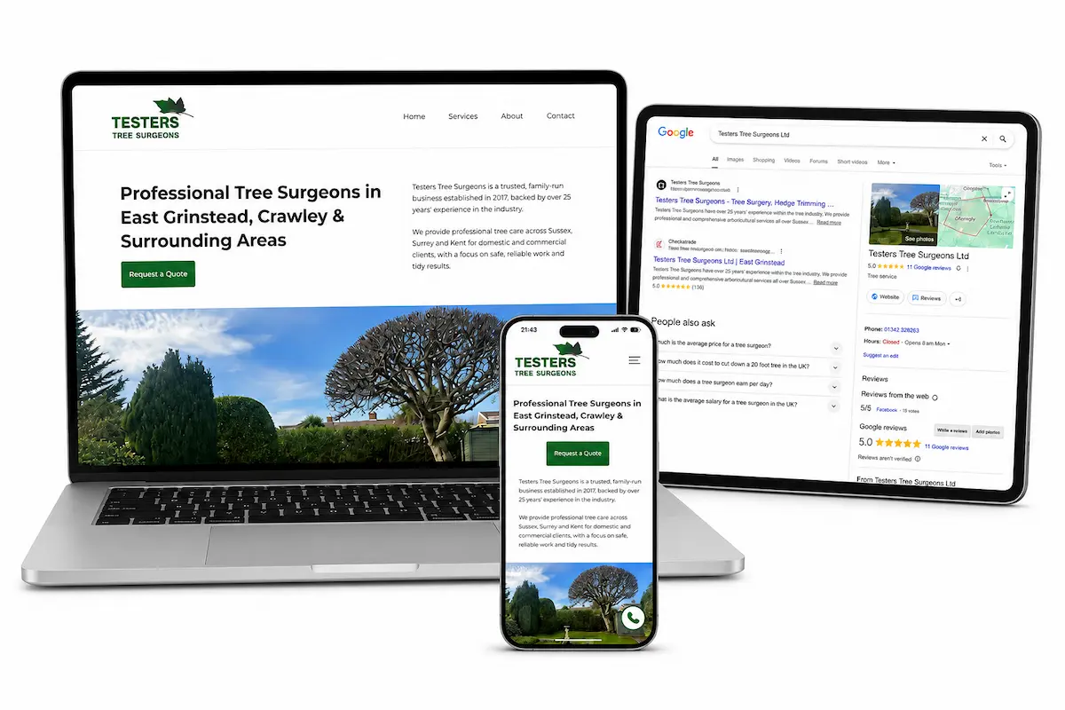 Laptop, tablet, and mobile showing Testers Tree Surgeons website and Google business listing pages.