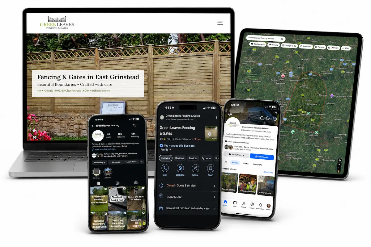 Multiple devices show Green Leaves Fencing & Gates website, social media, and map with local service area.
