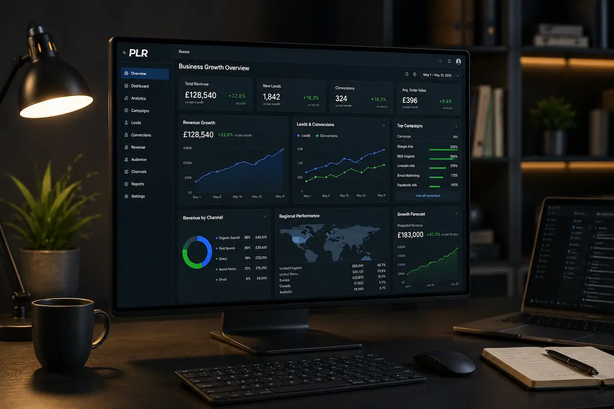 Dark-themed business dashboard on a desktop screen showing revenue, leads, conversions, and campaign data.
