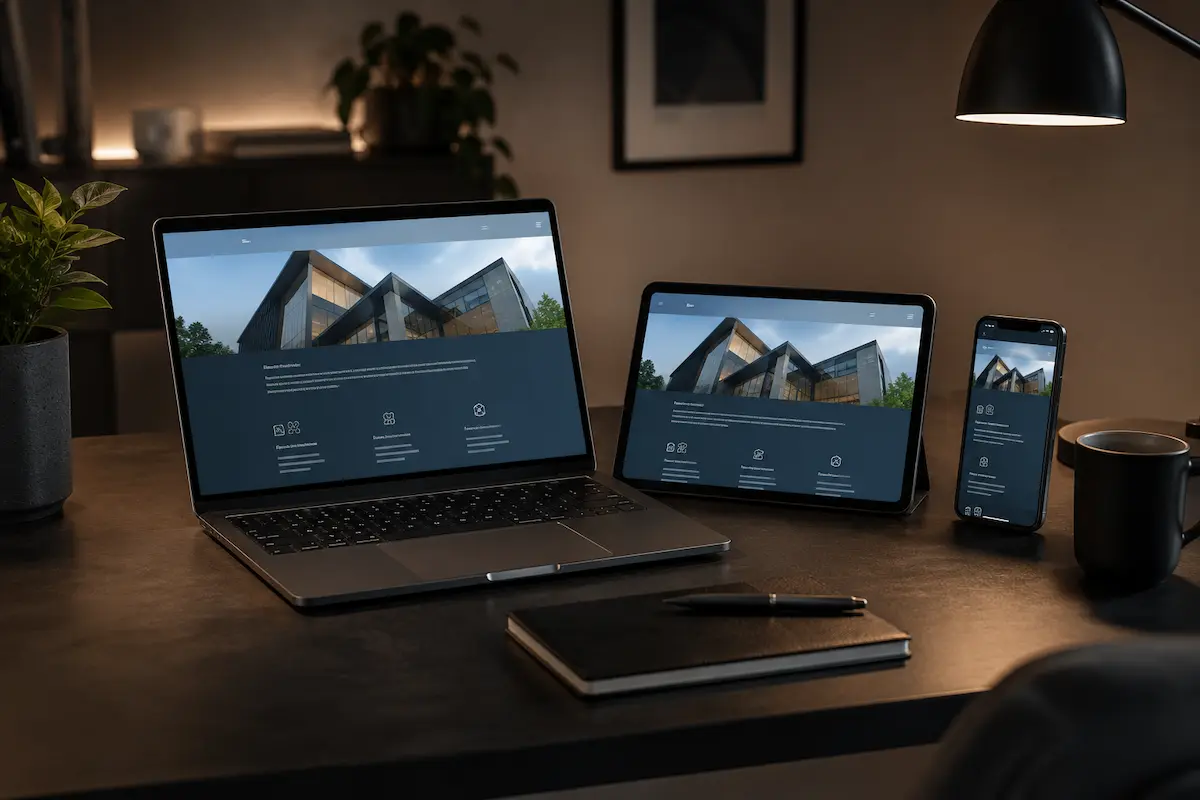 Laptop, tablet, and phone on desk all displaying a modern building website under a desk lamp.