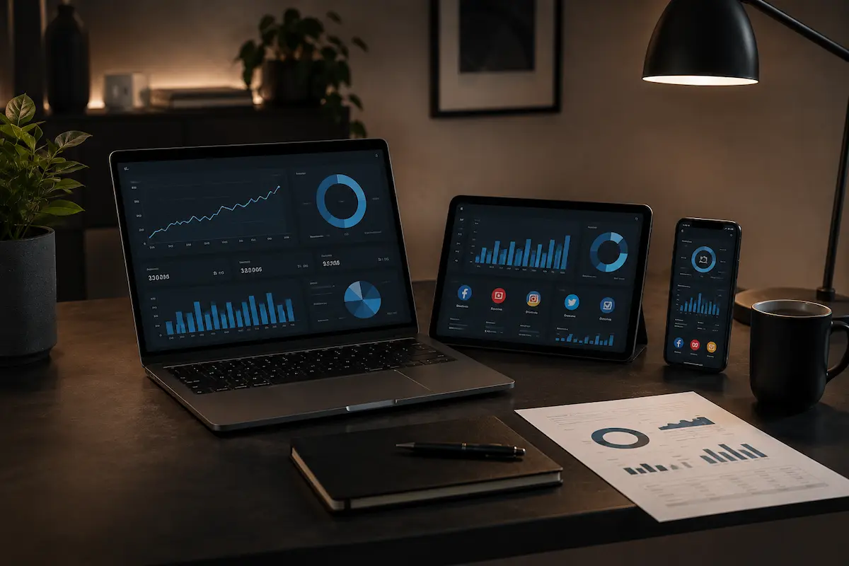 Laptop, tablet, smartphone, notebook, paper with charts, and coffee mug on a dark desk with dim light.