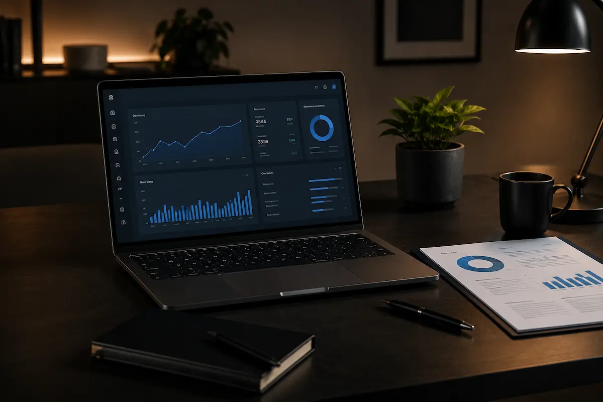 Laptop on desk showing business charts, with plant, coffee cup, papers, and pen in warm light.