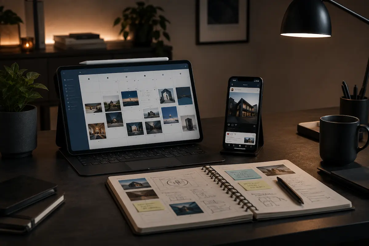 Workspace with tablet showing photo gallery, phone displaying an image, open notebook with sketches on desk.
