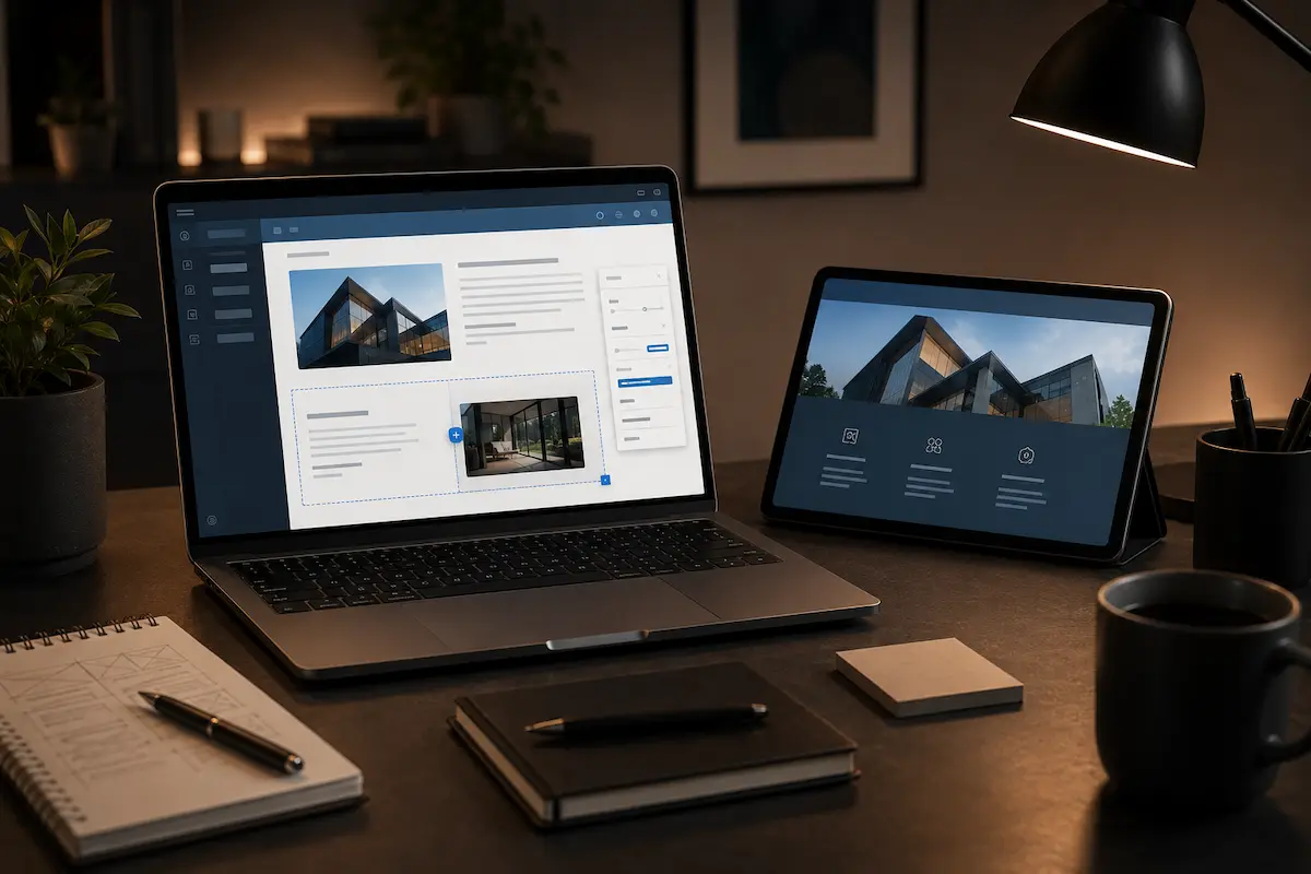 Laptop and tablet on desk displaying architectural designs, surrounded by notebooks, pens, lamp, and coffee mug.