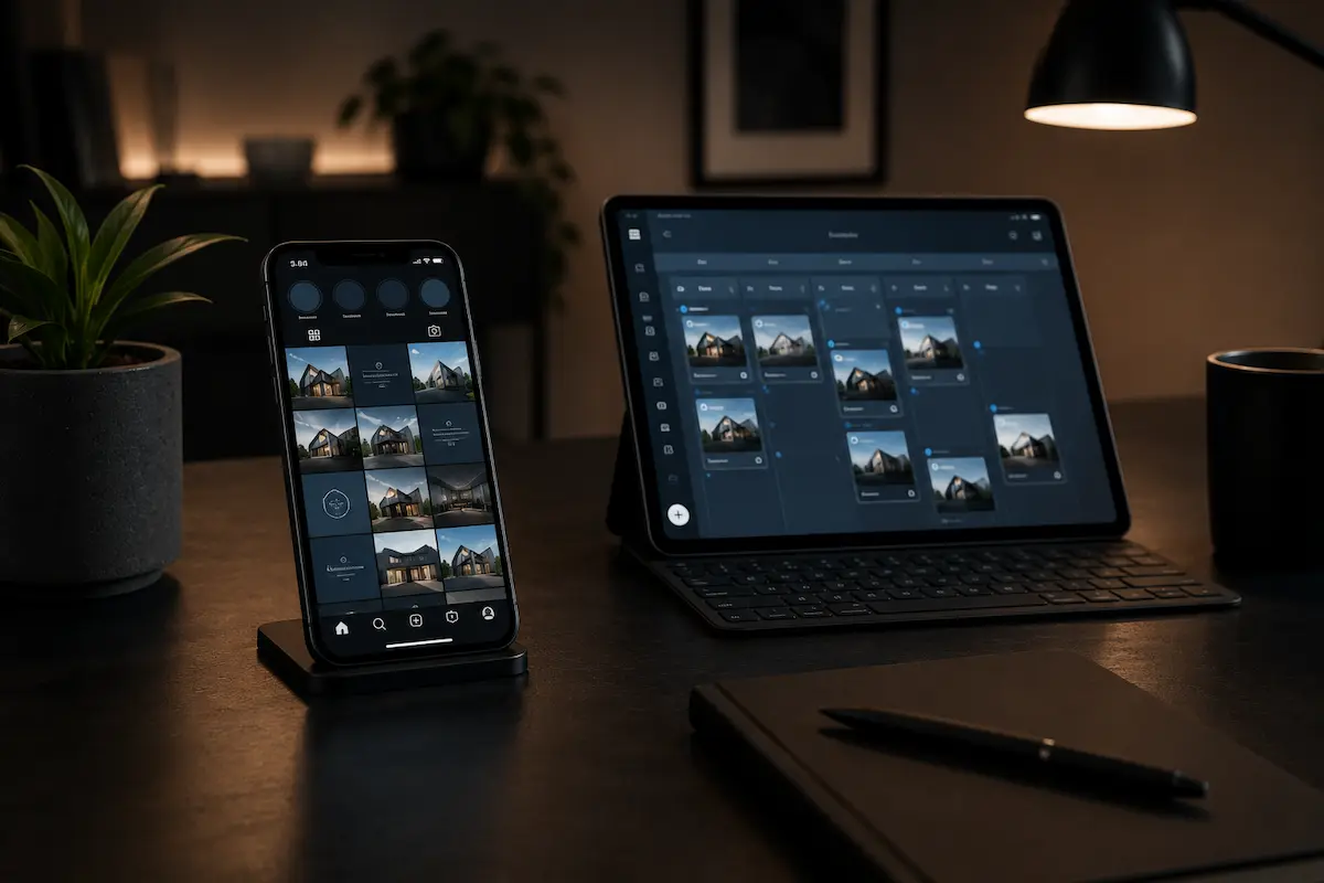 Smartphone and tablet display home design app on dark desk with plant, notebook, pen, coffee cup, and lamp