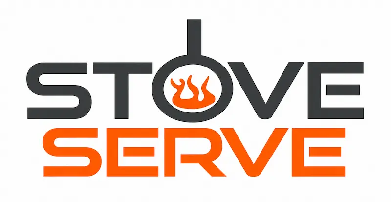 Logo with the word 'STOVE' in black uppercase letters where the 'O' is stylised as a frying pan with orange flames inside, above the word 'SERVE' in bold orange uppercase letters.