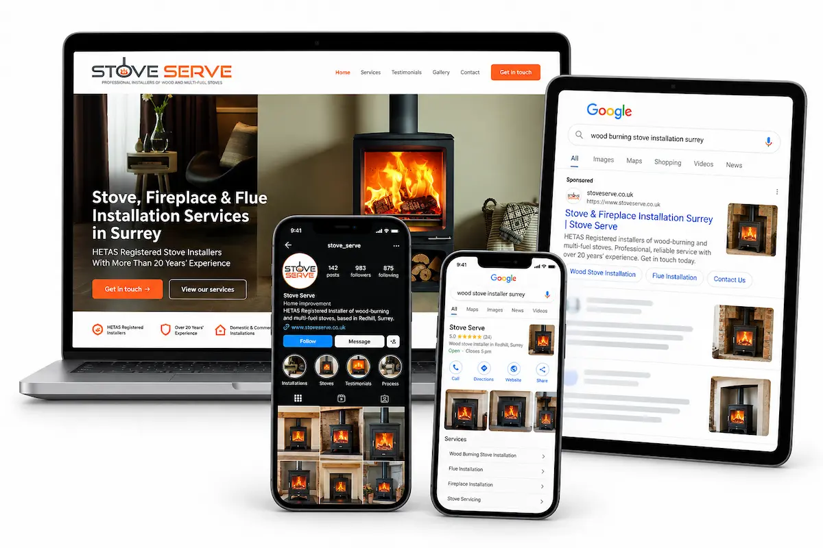 A laptop, tablet, and two smartphones displaying Stove Serve's online presence, including website homepage with stove installation services in Surrey, social media profile with stove images, and Google search results showing their stove installation services and contact information.