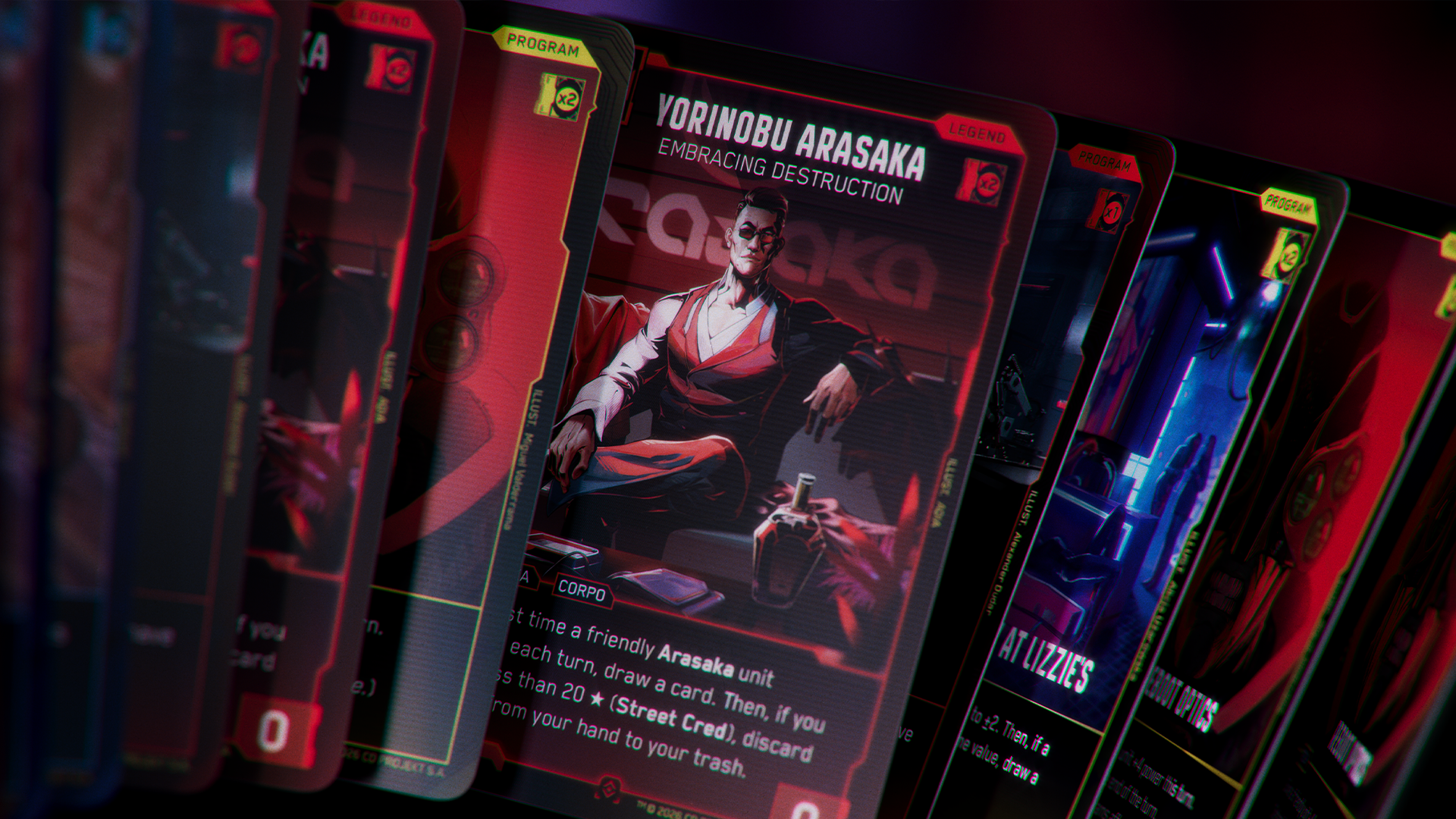 Cyberpunk TCG card design — front face layout