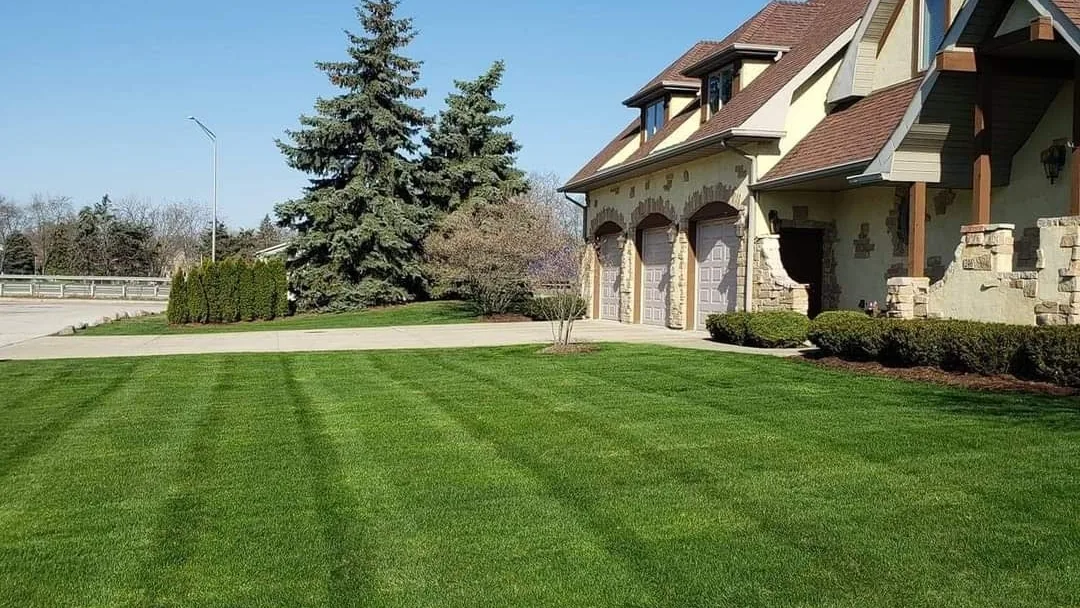 Well-maintained green lawn in front of a large house with three garage doors and landscaped bushes under a clear blue sky.