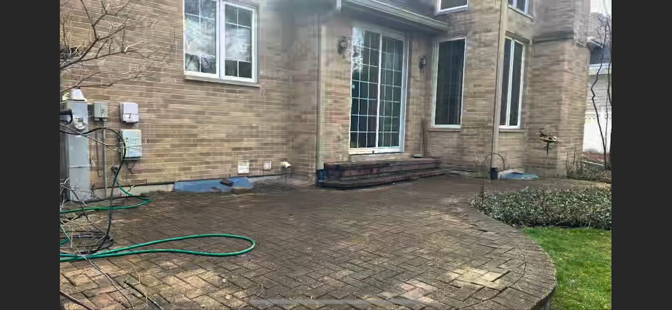 Backyard patio with dirty and uneven brick pavers, curved edge, small steps leading to glass door, and surrounding plants and grass.