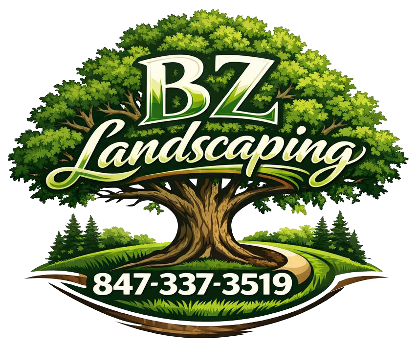 BZ Landscaping Logo; with a large tree, grassy landscape, and path, featuring the text 'BZ Landscaping' and phone number 847-337-3519.