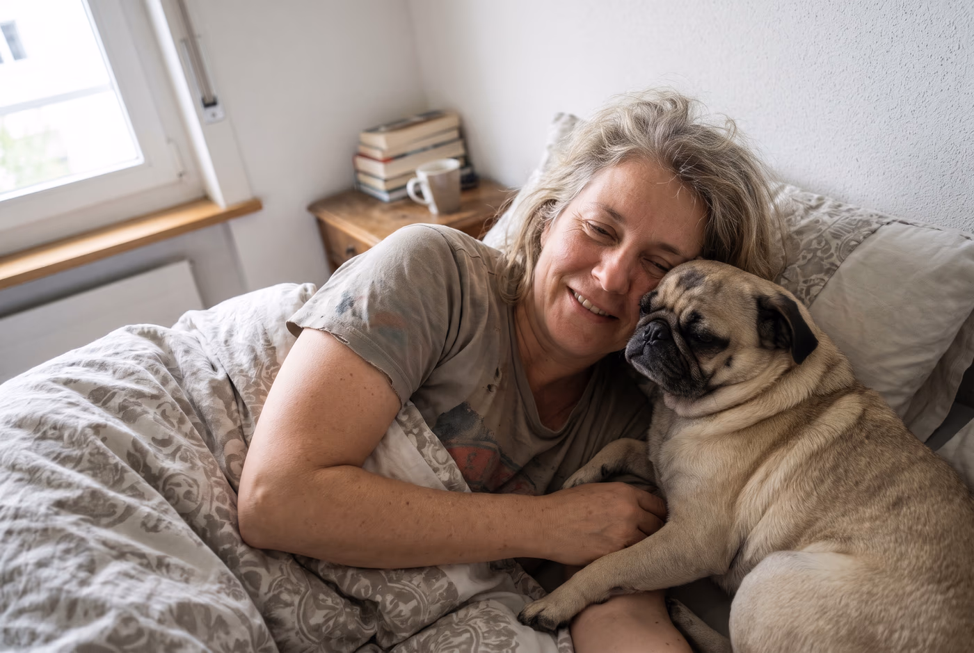 Mops kuschelt sich morgens im Bett an seine Halterin