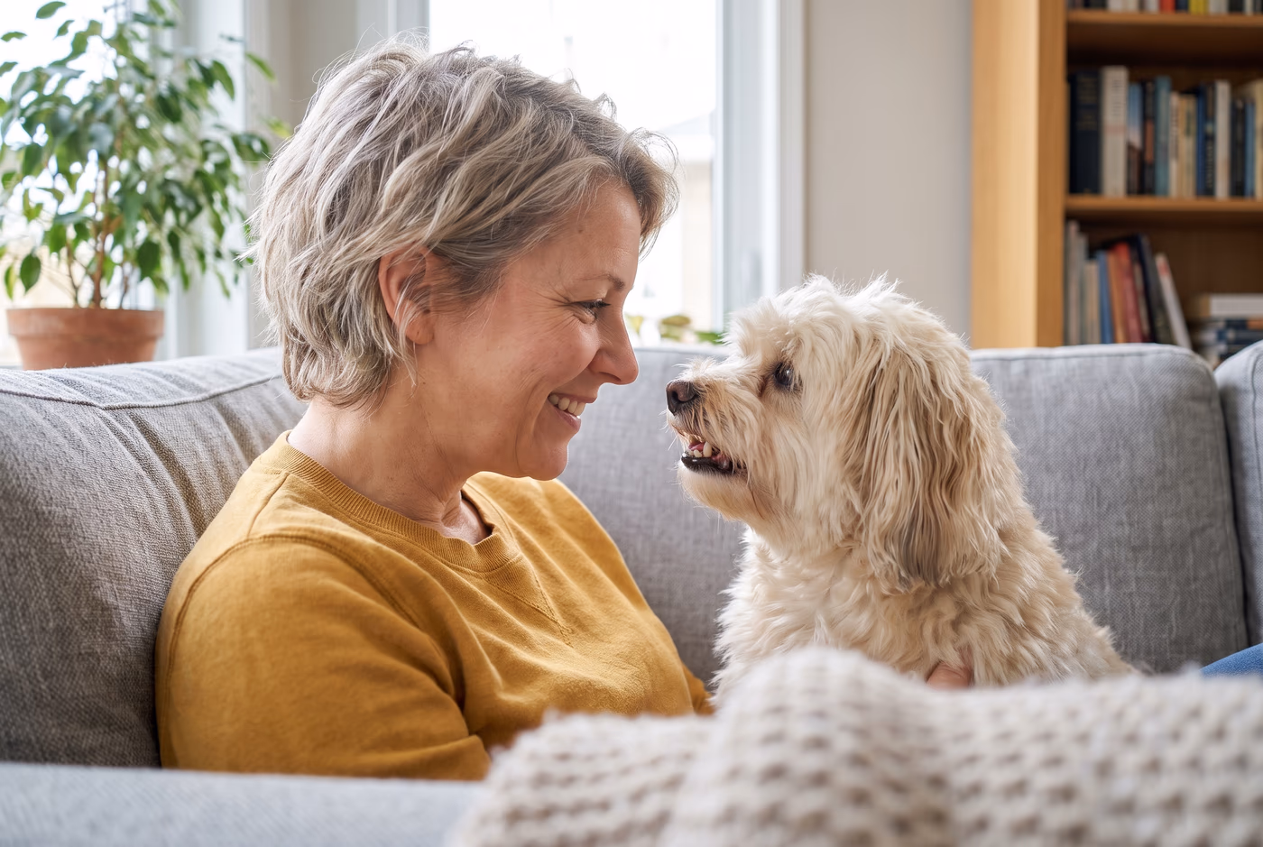 Halterin kuschelt mit ihrem Hund und schaut ihm direkt ins Gesicht