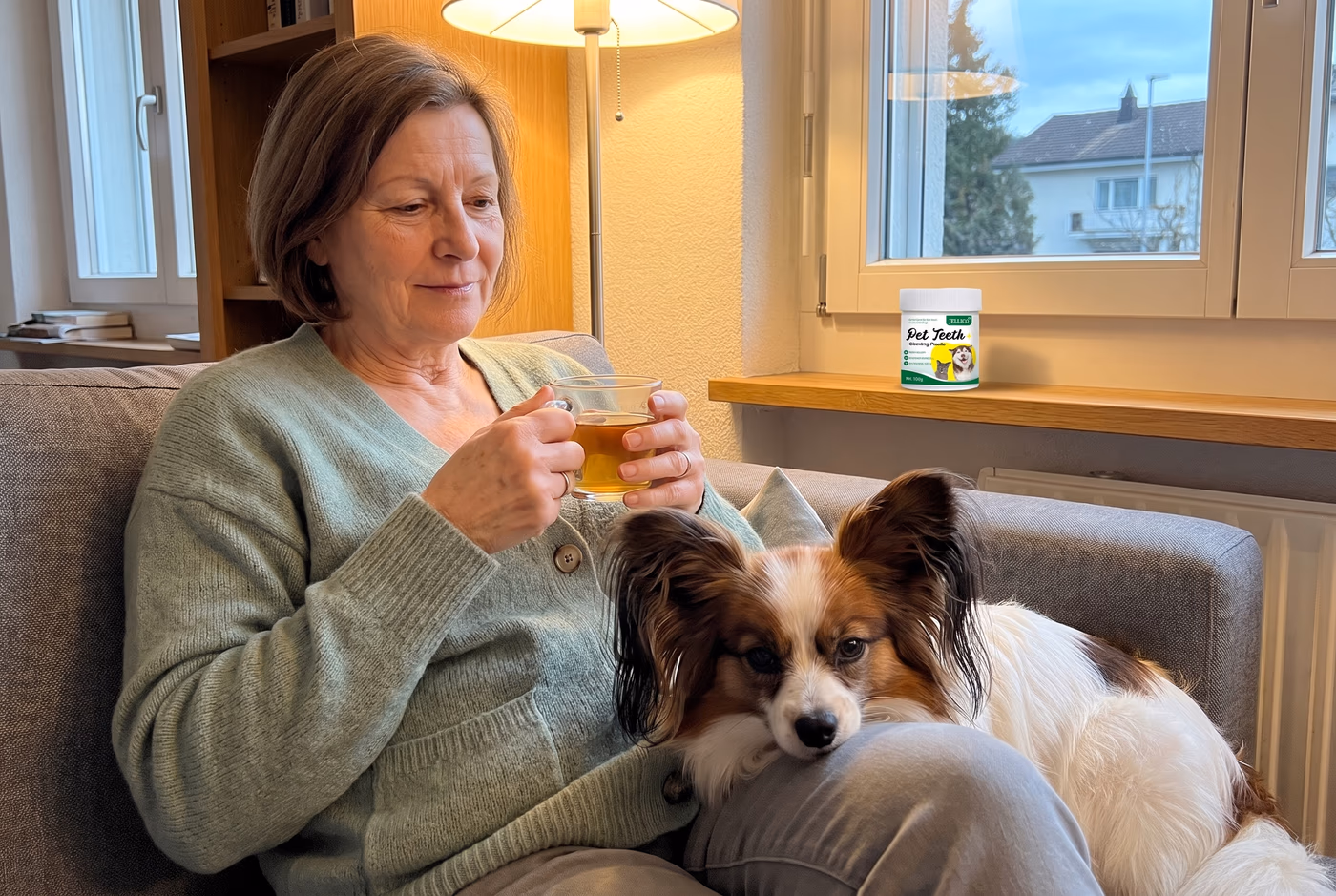 Papillon liegt abends mit dem Kopf auf dem Schoss seiner Halterin
