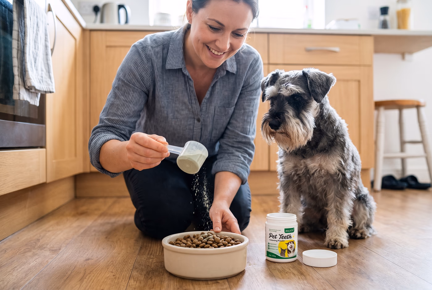 BiteFresh mit dem Messlöffel übers Futter streuen, Zwergschnauzer schaut zu