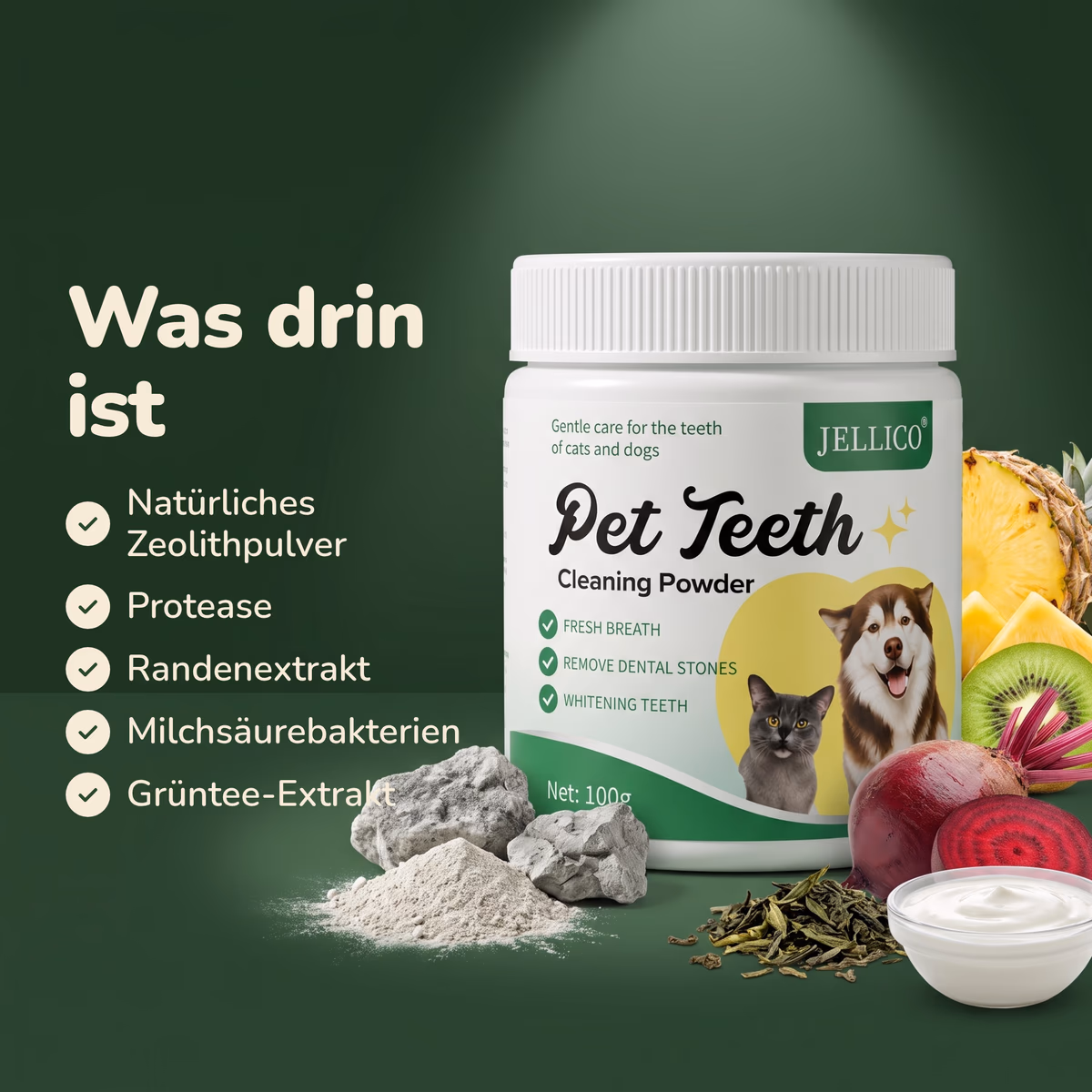 Inhaltsstoffe: Zeolithpulver, Protease, Randenextrakt, Milchsäurebakterien, Grüntee-Extrakt