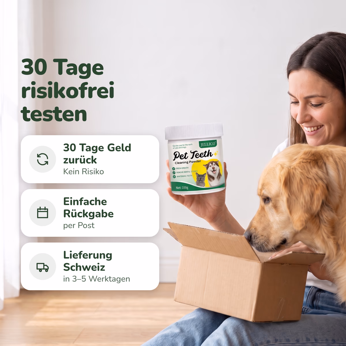 30 Tage risikofrei testen: Geld zurück, einfache Rückgabe, Lieferung Schweiz in 3–5 Werktagen