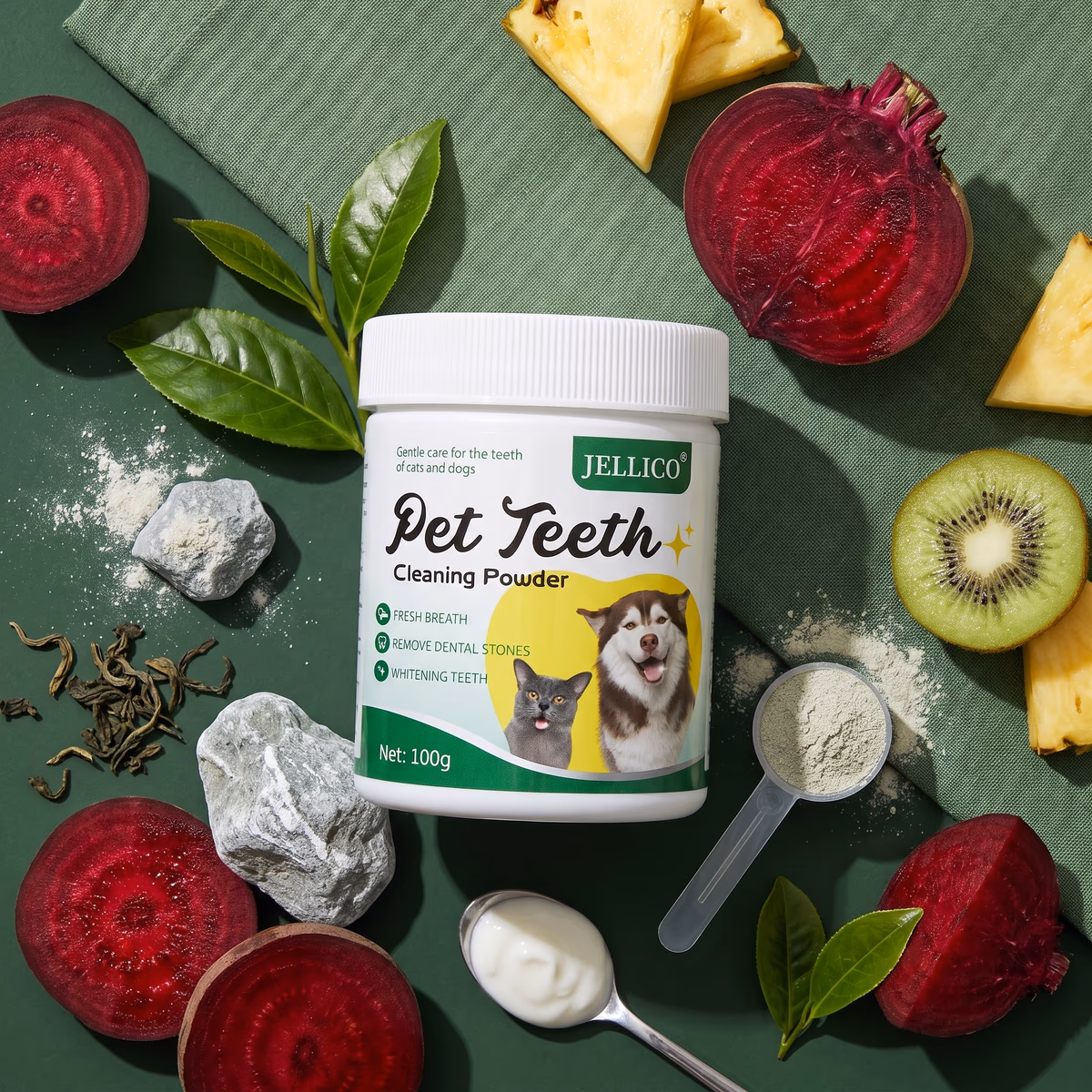 BiteFresh Zahnpflege-Pulver für Hunde zwischen Randen, Zeolith, Grüntee, Kiwi, Ananas und Joghurt