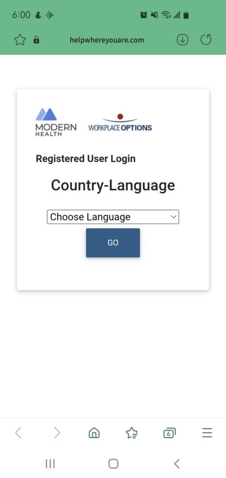 Mobile screen showing a Registered User Login page for Modern Health and Workplace Options with a dropdown menu to choose language and a blue GO button.