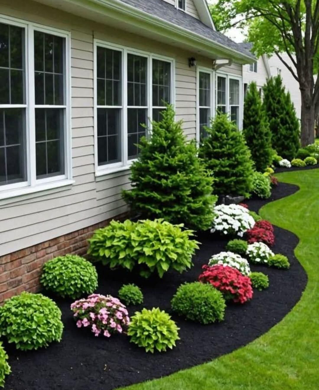 Curved garden bed with various evergreen shrubs and flowering plants alongside a beige house with multiple windows and a manicured green lawn.