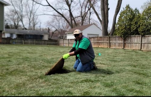 Man in green shirt and gloves kneeling on a lawn and lifting a section of sod for lawn installation.