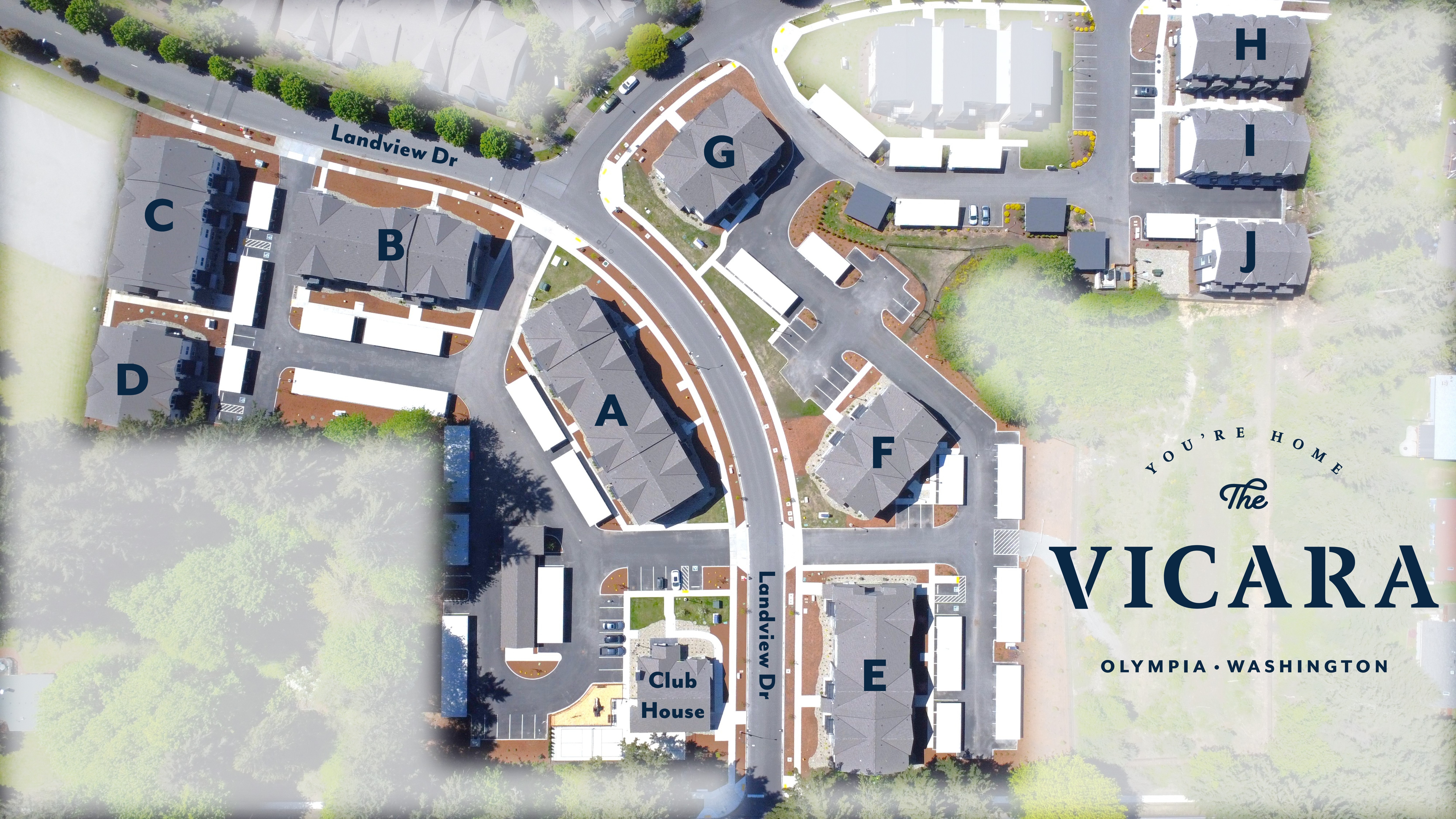 Aerial map of The Vicara apartment complex in Olympia, Washington, showing buildings labeled A through J, a clubhouse, parking areas, and roads named Landview Dr.
