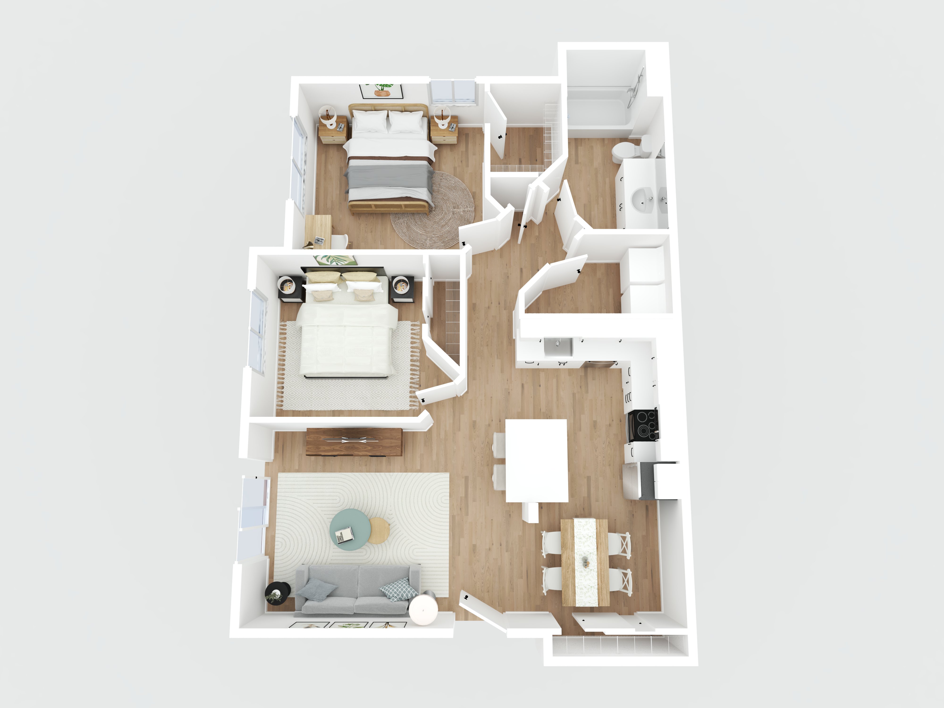 3D floor plan of a two-bedroom apartment with a living room, kitchen, dining area, bathroom, and closets.