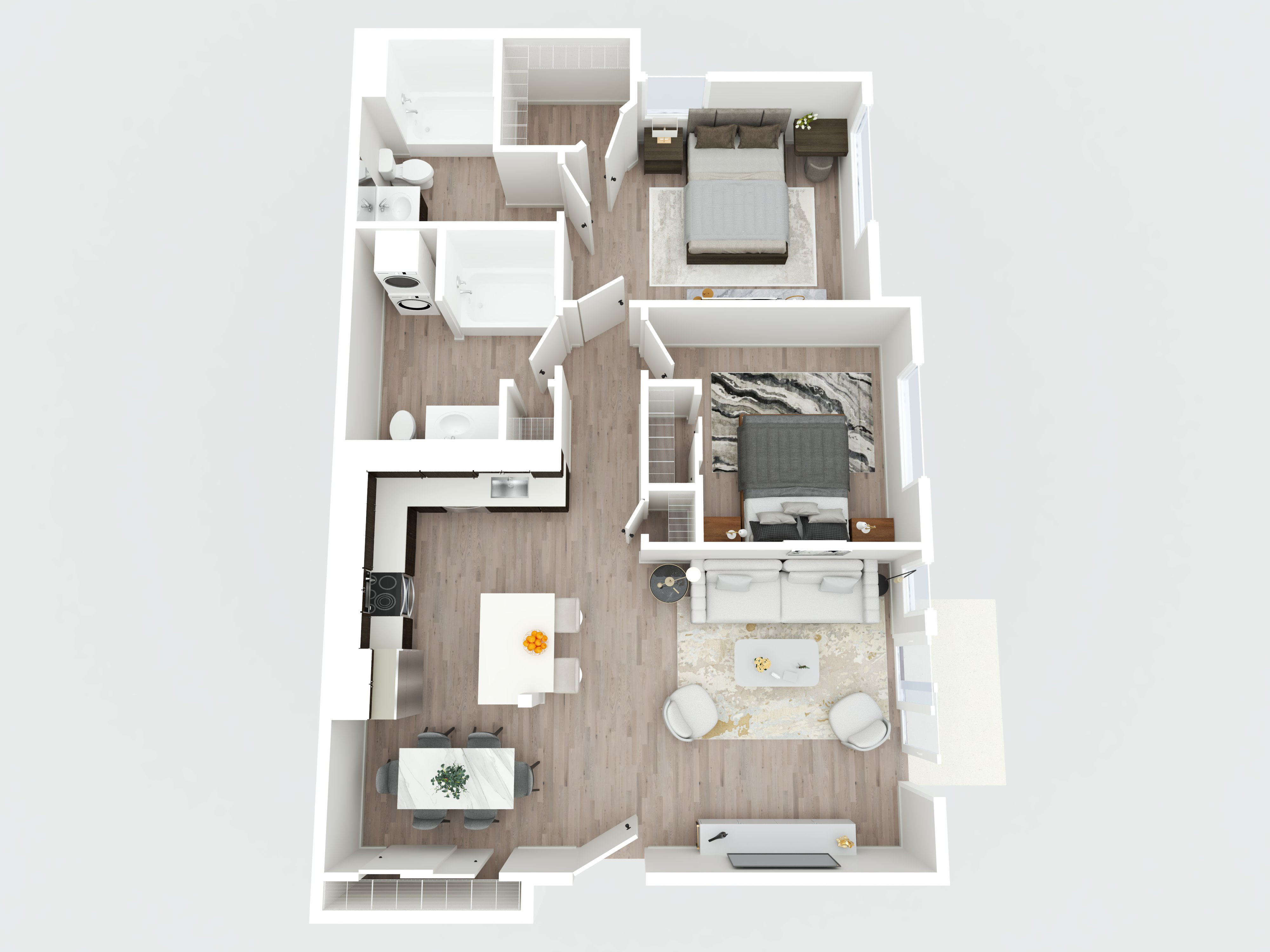 3D floor plan of a 2-bedroom apartment with a living room, kitchen, dining area, and 2 bathrooms.
